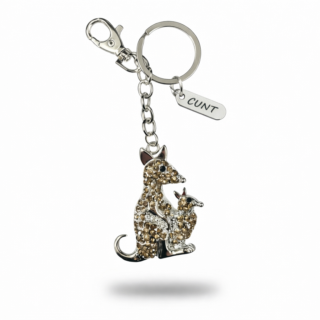 Joey Roo Key Ring Bling Keyring - Kangaroo & Joey Silver/Yellow with C U N T tag – Cunts R Us