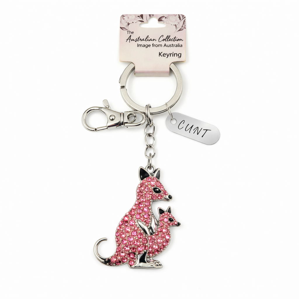 Joey Roo Key Ring Bling Keyring - Kangaroo & Joey Silver/Pink with C U N T tag – Cunts R Us